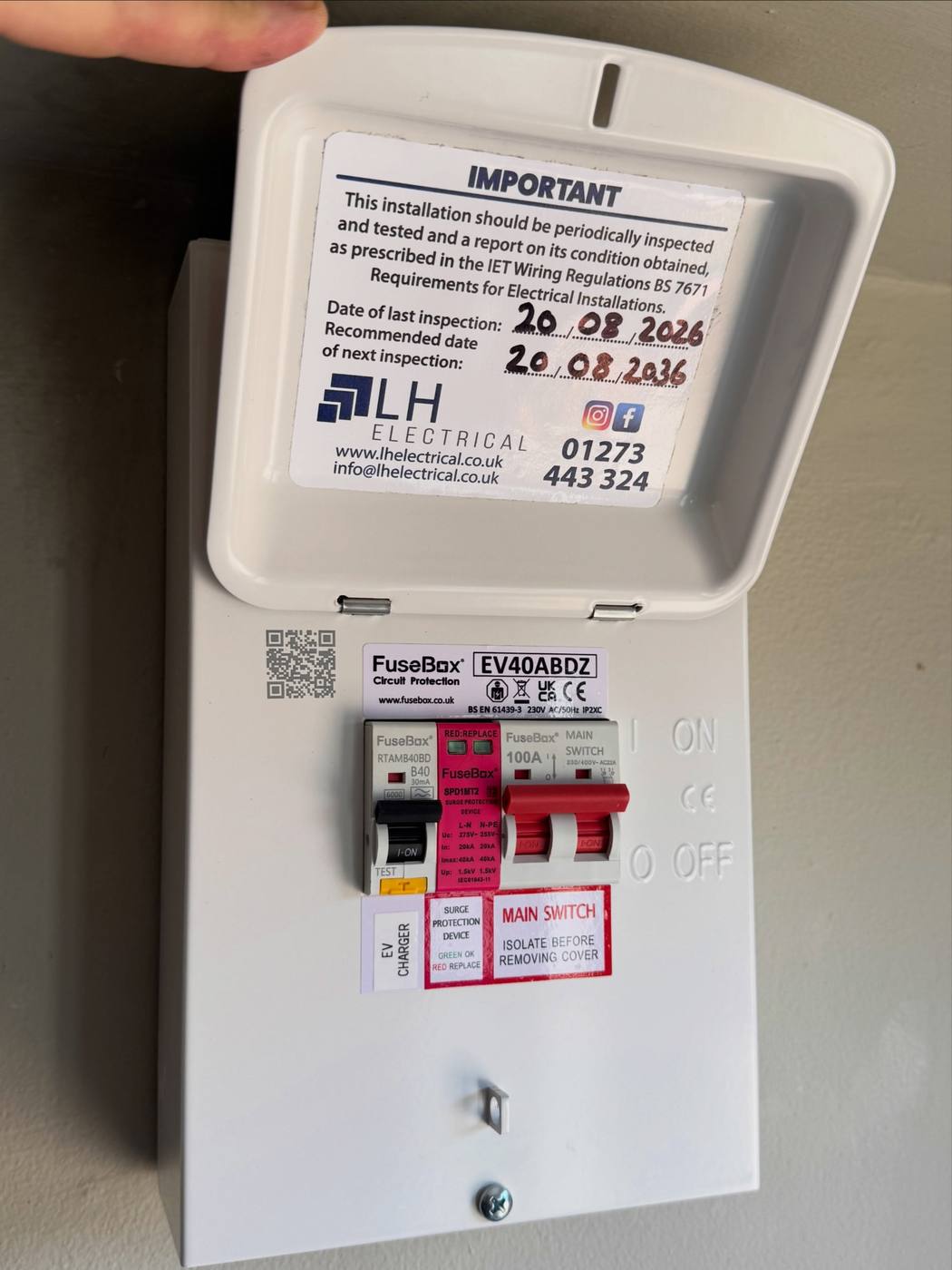 Completed dedicated EV consumer unit with main switch and protective devices, installed by LH Electrical